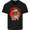 A Christmas Pug Wearing an Xmas Hat Mens V-Neck Cotton T-Shirt Black