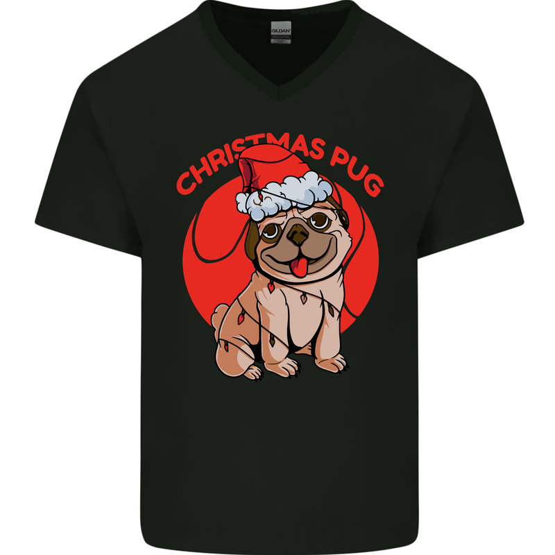 A Christmas Pug Wearing an Xmas Hat Mens V-Neck Cotton T-Shirt Black