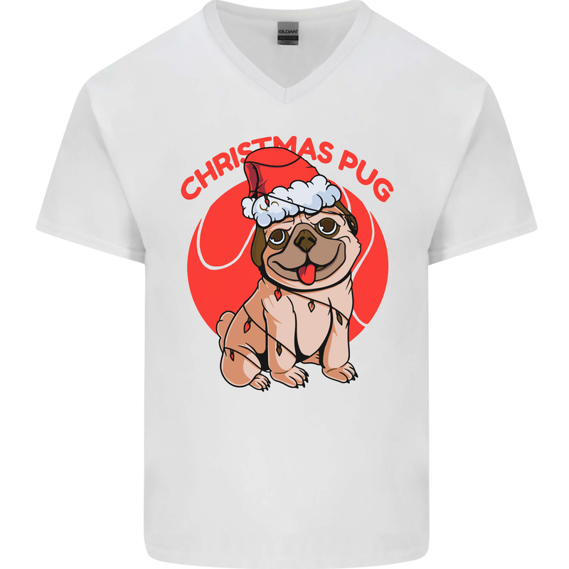 A Christmas Pug Wearing an Xmas Hat Mens V-Neck Cotton T-Shirt White