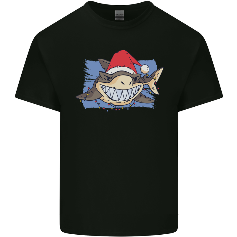 A Christmas Shark Wearing an Xmas Hat Mens Cotton T-Shirt Tee Top Black