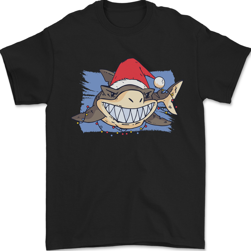 A Christmas Shark Wearing an Xmas Hat Mens T-Shirt 100% Cotton Black