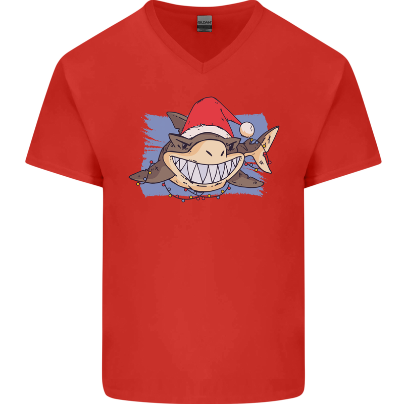 A Christmas Shark Wearing an Xmas Hat Mens V-Neck Cotton T-Shirt Red