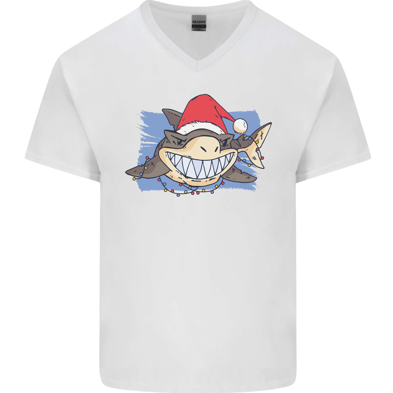 A Christmas Shark Wearing an Xmas Hat Mens V-Neck Cotton T-Shirt White