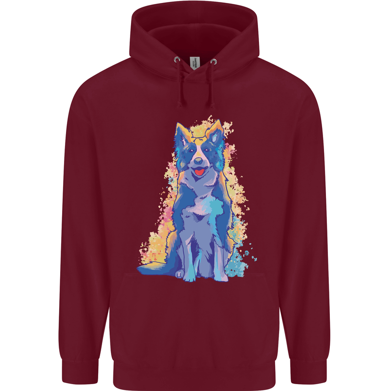 A Colourful Border Collie Dog Childrens Kids Hoodie Maroon