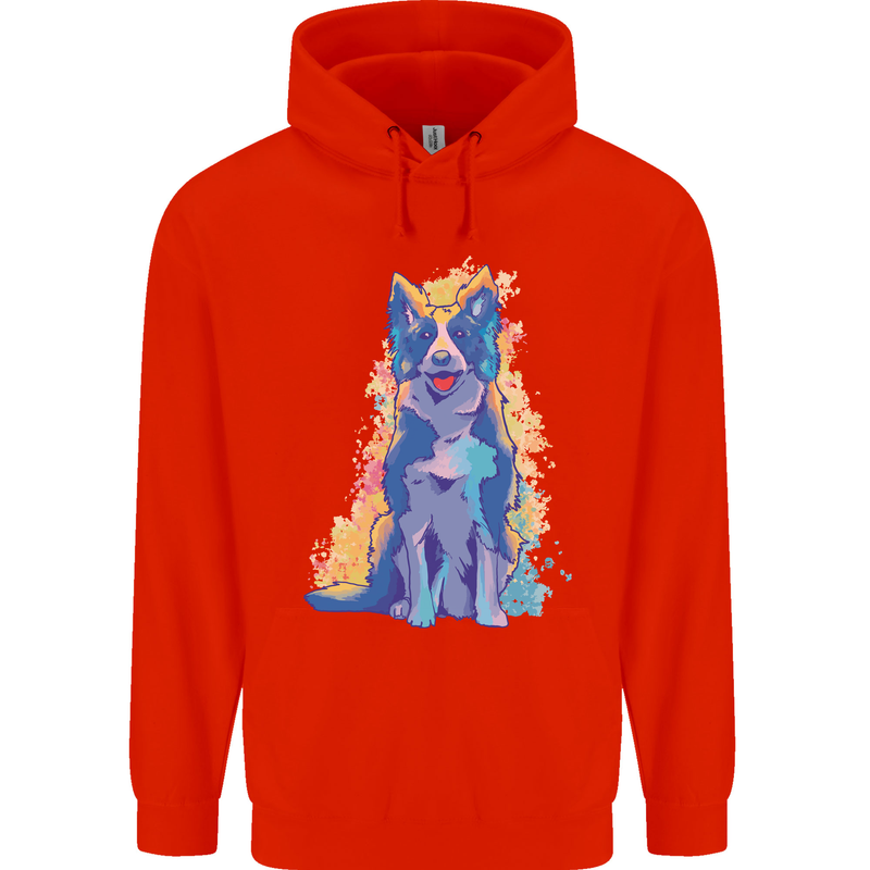 A Colourful Border Collie Dog Design Childrens Kids Hoodie Bright Red