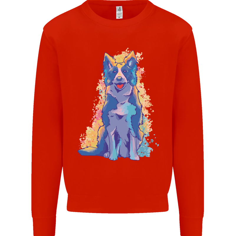 A Colourful Border Collie Dog Design Kids Sweatshirt Jumper Bright Red