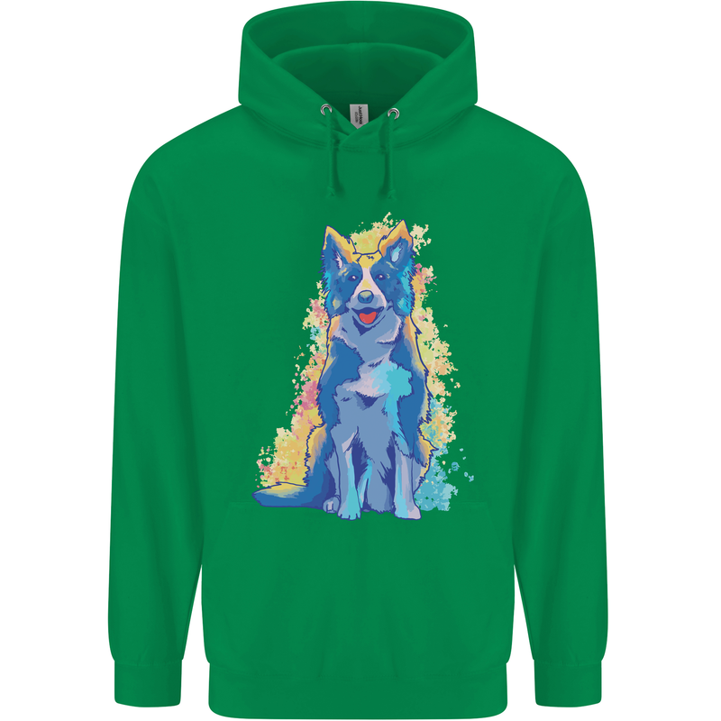 A Colourful Border Collie Dog Design Mens 80% Cotton Hoodie Irish Green