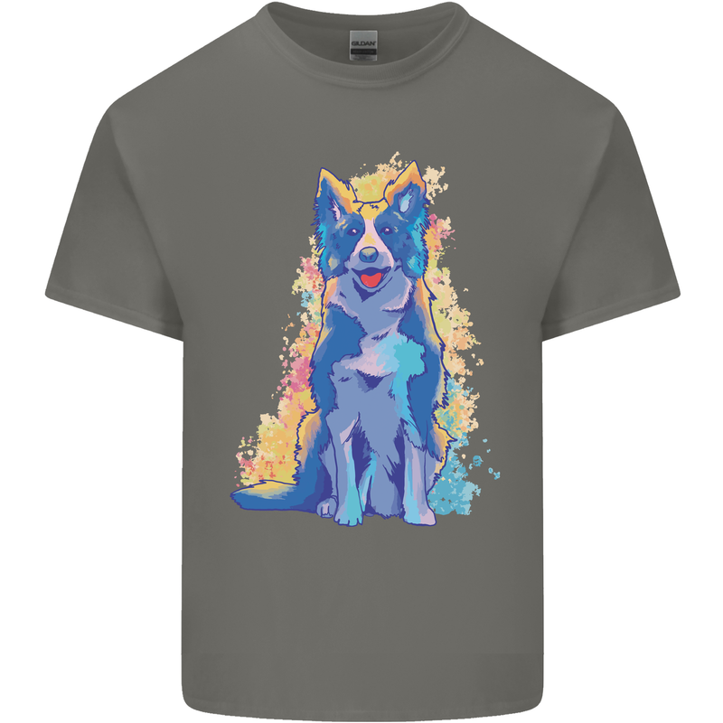 A Colourful Border Collie Dog Design Mens Cotton T-Shirt Tee Top Charcoal