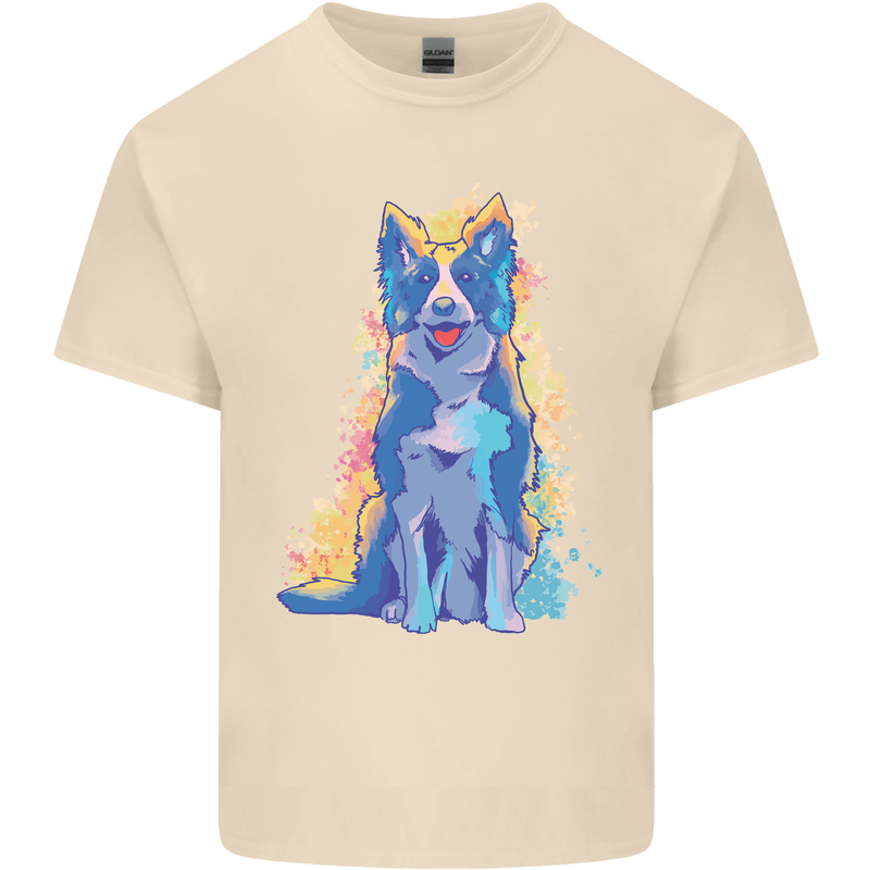 A Colourful Border Collie Dog Design Mens Cotton T-Shirt Tee Top Natural
