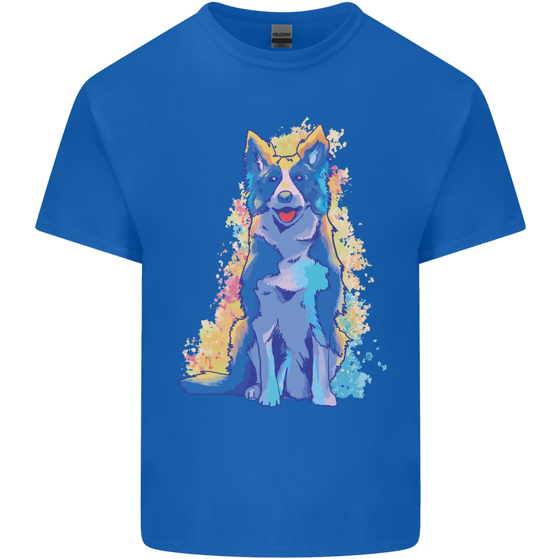 A Colourful Border Collie Dog Design Mens Cotton T-Shirt Tee Top Royal Blue