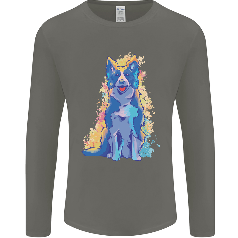 A Colourful Border Collie Dog Design Mens Long Sleeve T-Shirt Charcoal
