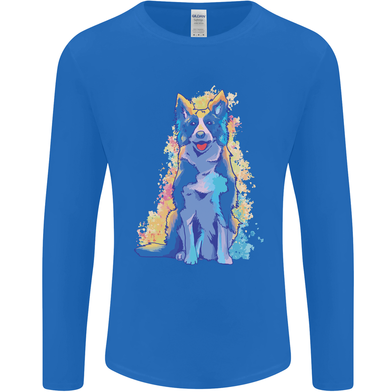 A Colourful Border Collie Dog Design Mens Long Sleeve T-Shirt Royal Blue
