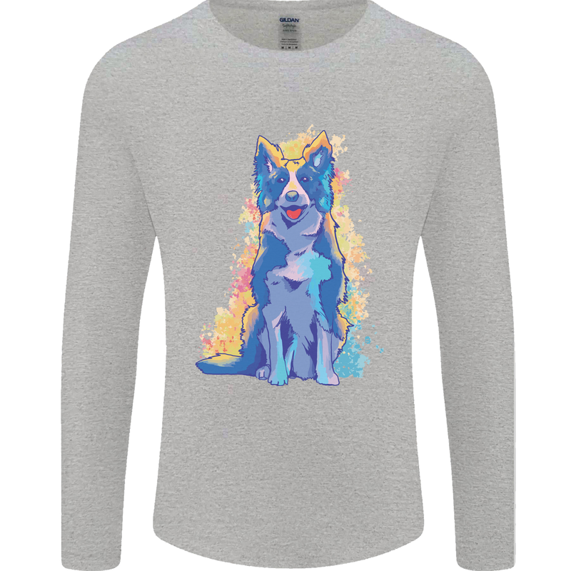 A Colourful Border Collie Dog Design Mens Long Sleeve T-Shirt Sports Grey