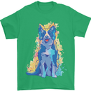 A Colourful Border Collie Dog Design Mens T-Shirt 100% Cotton Irish Green