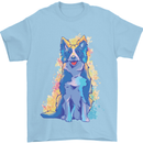 A Colourful Border Collie Dog Design Mens T-Shirt 100% Cotton Light Blue