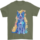 A Colourful Border Collie Dog Design Mens T-Shirt 100% Cotton Military Green