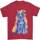 A Colourful Border Collie Dog Design Mens T-Shirt 100% Cotton Red