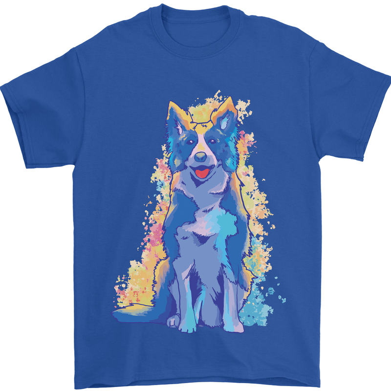 A Colourful Border Collie Dog Design Mens T-Shirt 100% Cotton Royal Blue