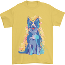 A Colourful Border Collie Dog Design Mens T-Shirt 100% Cotton Yellow