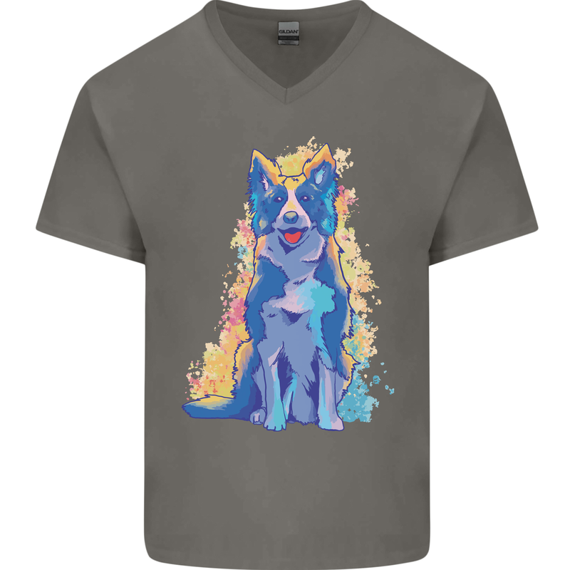 A Colourful Border Collie Dog Design Mens V-Neck Cotton T-Shirt Charcoal