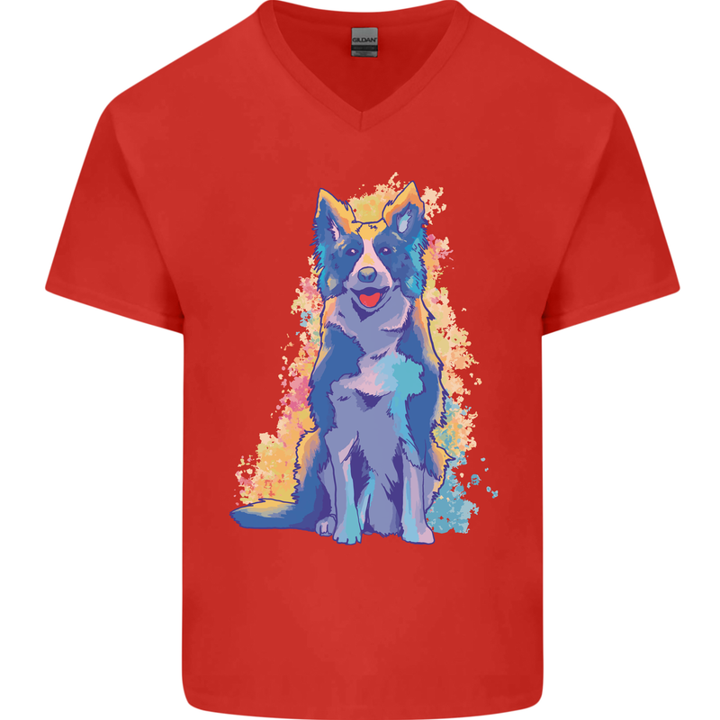 A Colourful Border Collie Dog Design Mens V-Neck Cotton T-Shirt Red