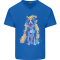 A Colourful Border Collie Dog Design Mens V-Neck Cotton T-Shirt Royal Blue