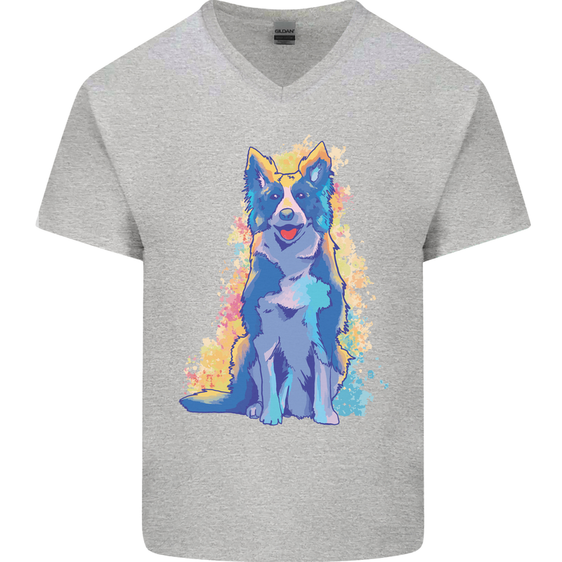 A Colourful Border Collie Dog Design Mens V-Neck Cotton T-Shirt Sports Grey
