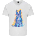 A Colourful Border Collie Dog Design Mens V-Neck Cotton T-Shirt White