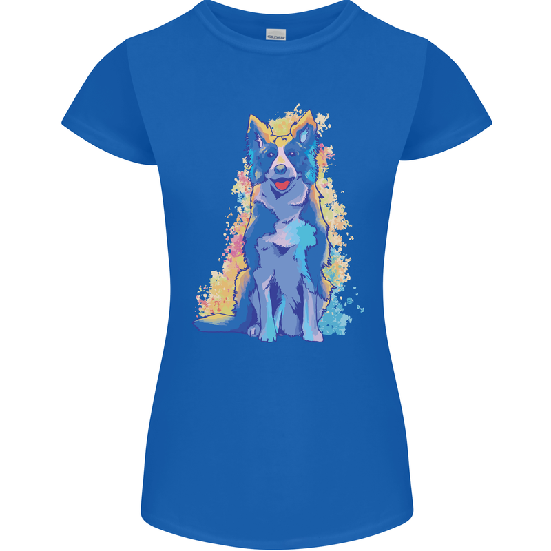 A Colourful Border Collie Dog Design Womens Petite Cut T-Shirt Royal Blue