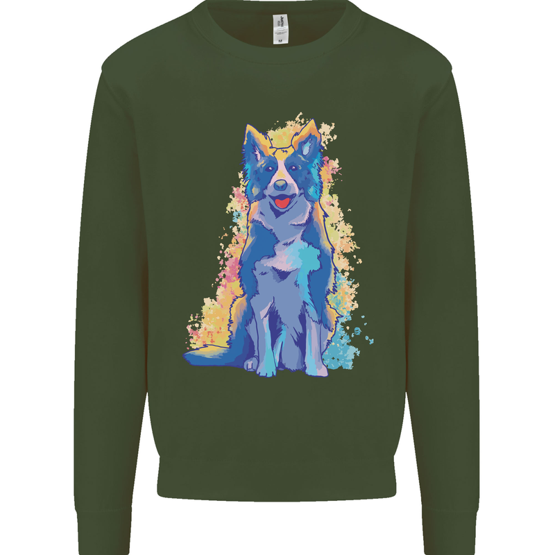 A Colourful Border Collie Dog Kids Sweatshirt Jumper Forest Green