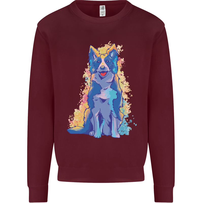 A Colourful Border Collie Dog Kids Sweatshirt Jumper Maroon