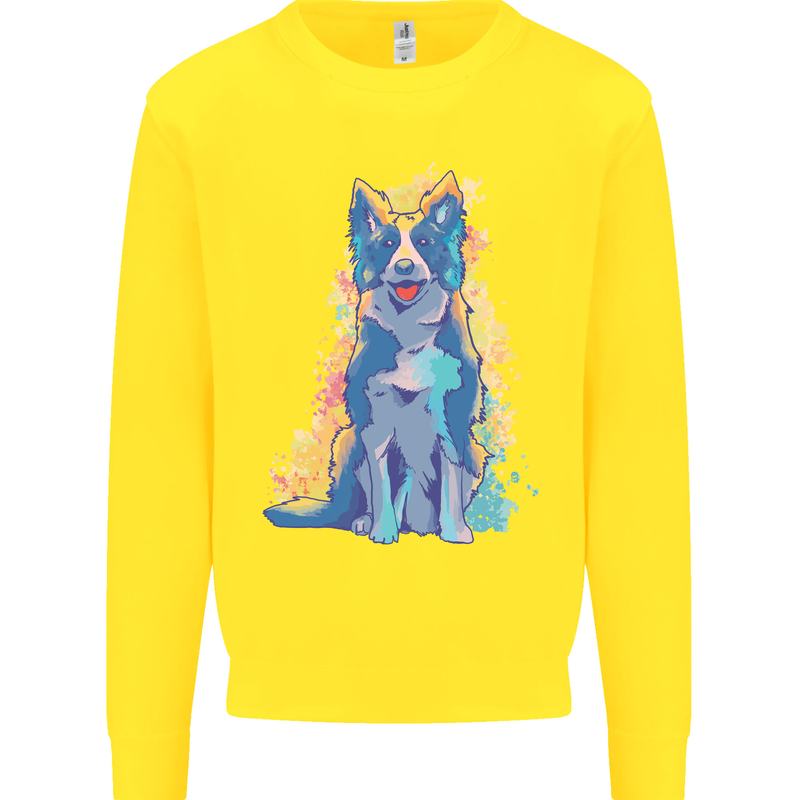 A Colourful Border Collie Dog Kids Sweatshirt Jumper Yellow