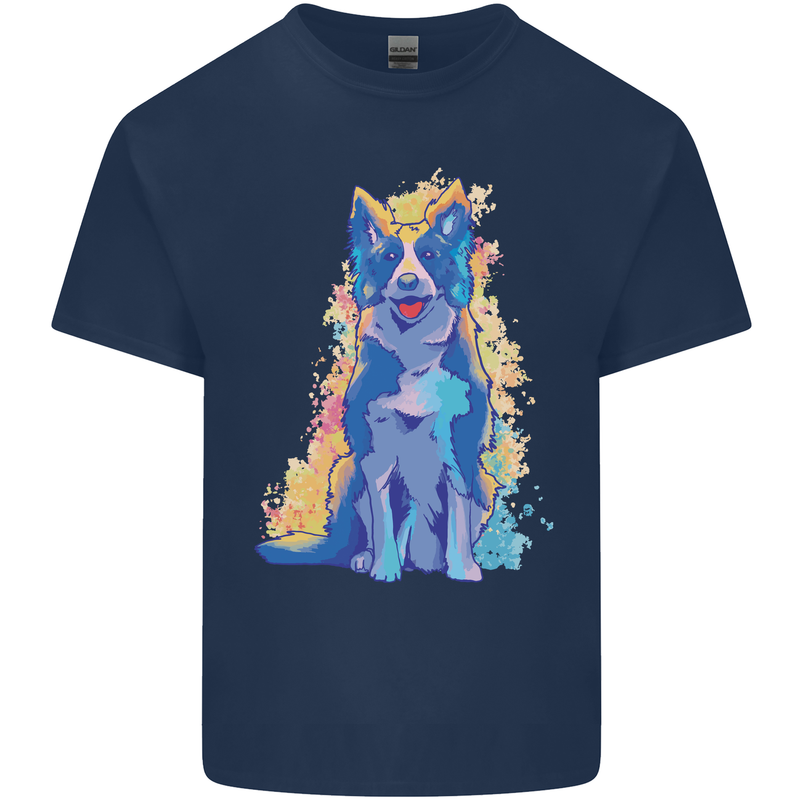 A Colourful Border Collie Dog Kids T-Shirt Childrens Navy Blue