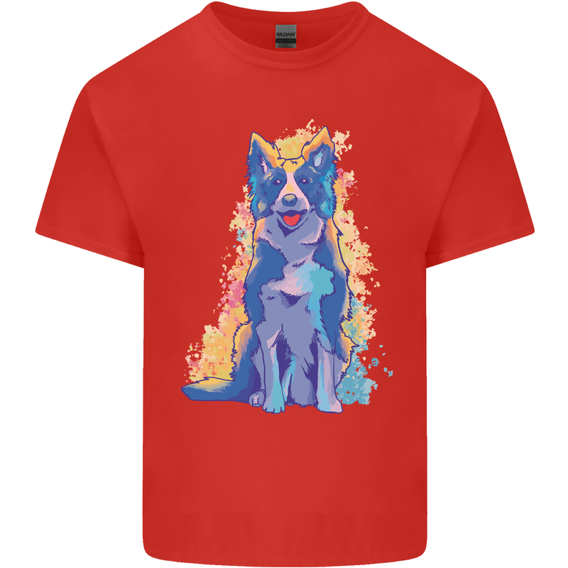 A Colourful Border Collie Dog Kids T-Shirt Childrens Red