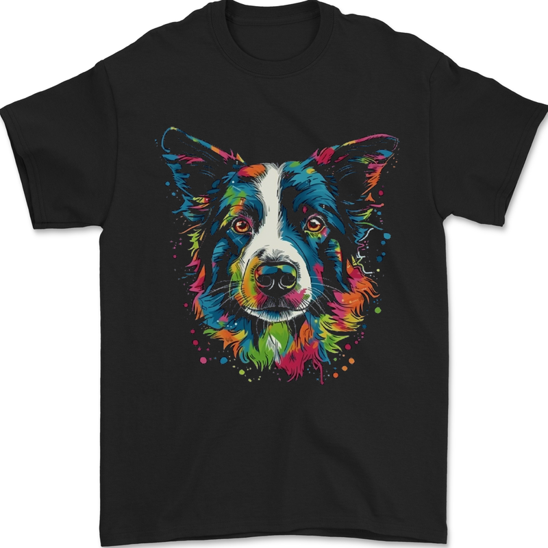 A Colourful Border Collie Dog Mens T-Shirt 100% Cotton Black