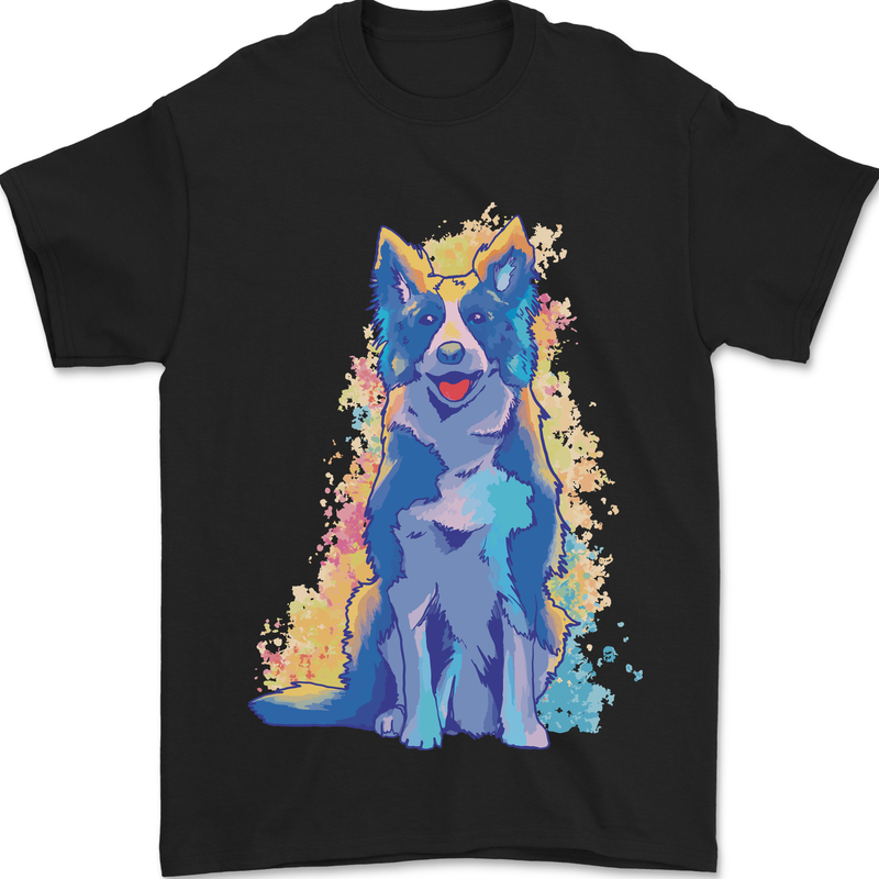 A Colourful Border Collie Dog Mens T-Shirt 100% Cotton Black
