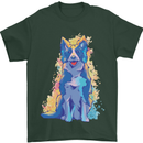 A Colourful Border Collie Dog Mens T-Shirt 100% Cotton Forest Green