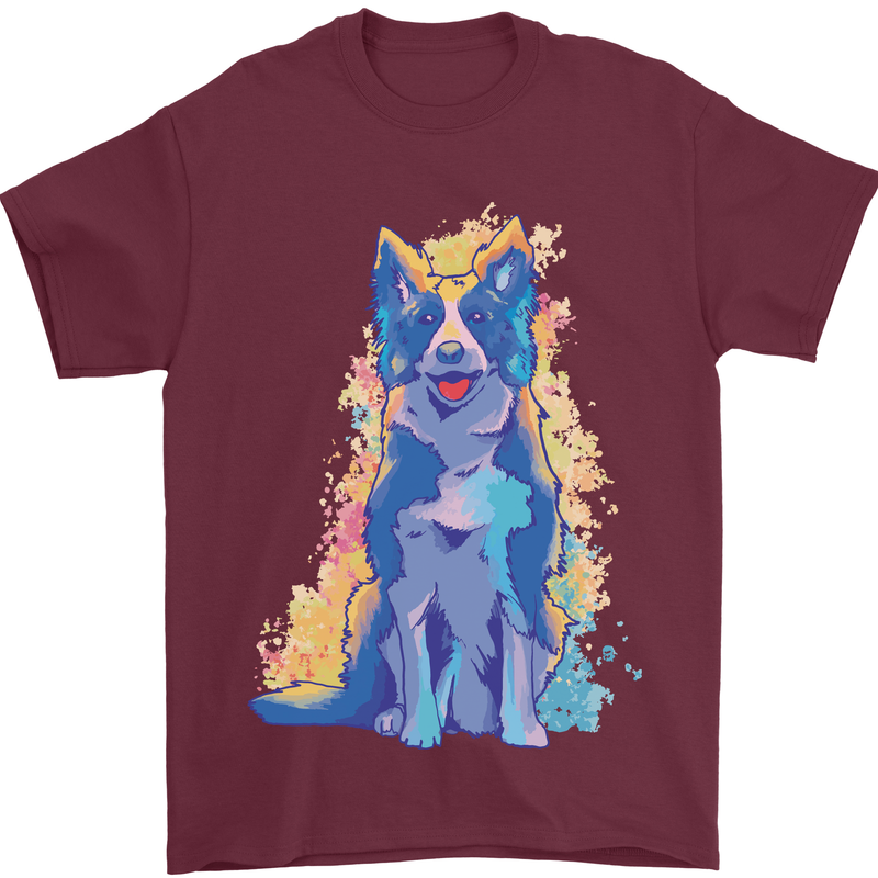 A Colourful Border Collie Dog Mens T-Shirt 100% Cotton Maroon