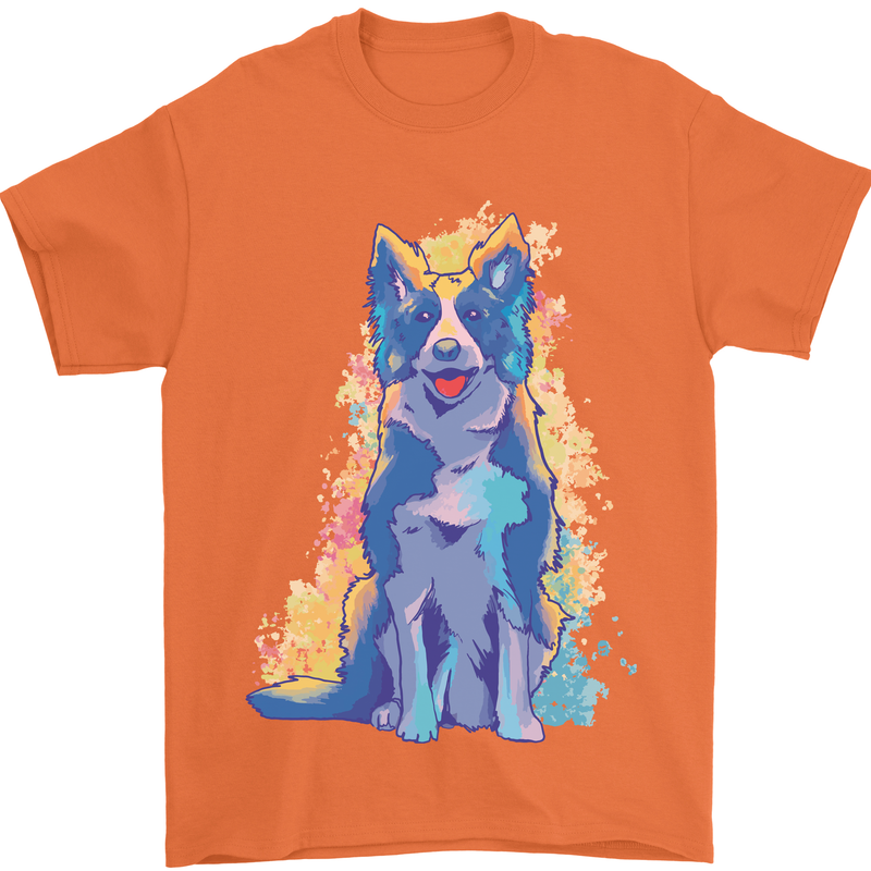A Colourful Border Collie Dog Mens T-Shirt 100% Cotton Orange