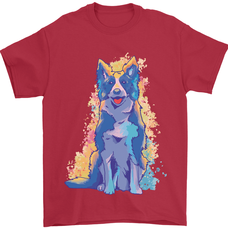 A Colourful Border Collie Dog Mens T-Shirt 100% Cotton Red