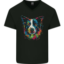A Colourful Border Collie Dog Mens V-Neck Cotton T-Shirt Black