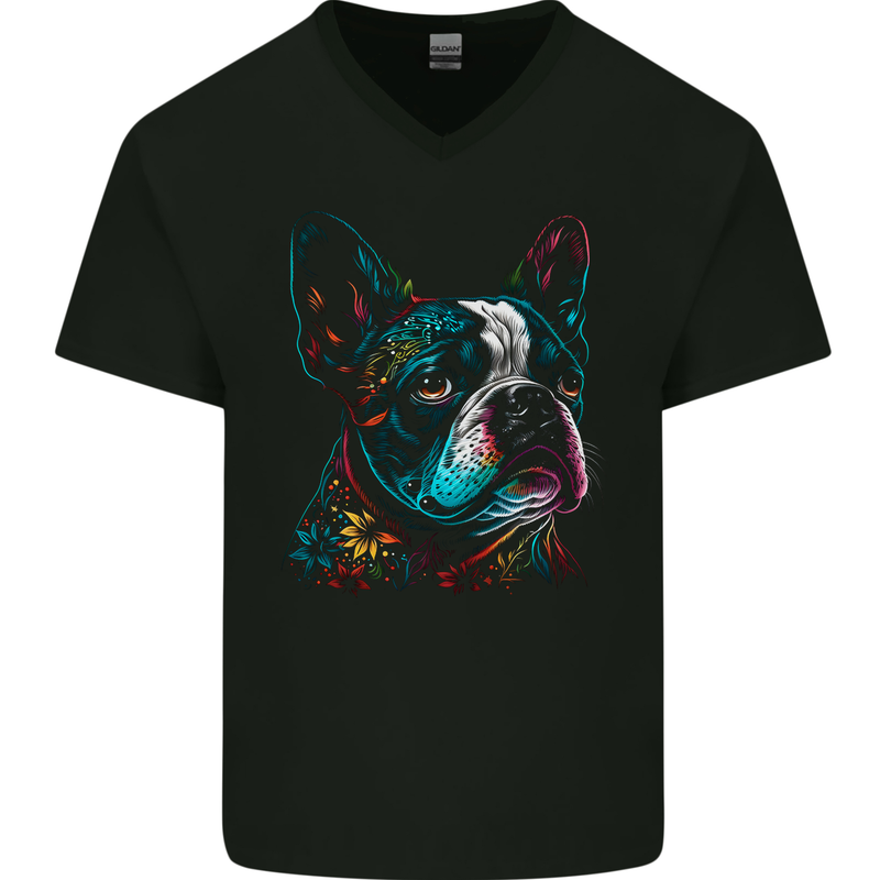 A Colourful Boston Terrier Dog Mens V-Neck Cotton T-Shirt Black