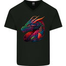 A Colourful Dragon Fantasy Mens V-Neck Cotton T-Shirt Black