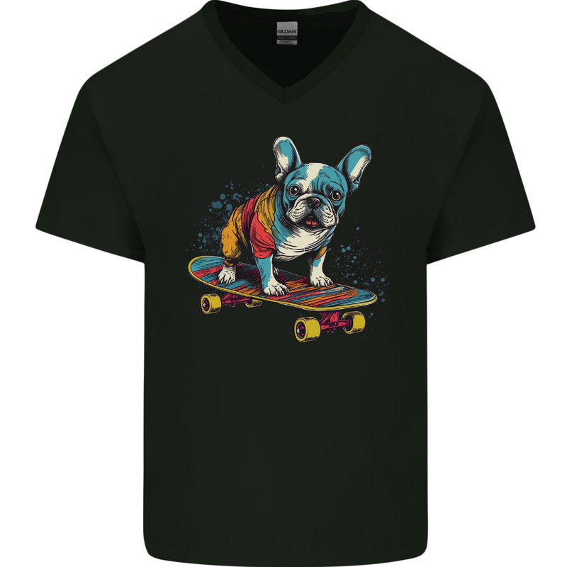A Colourful French Bulldog on a Skateboard Mens V-Neck Cotton T-Shirt Black