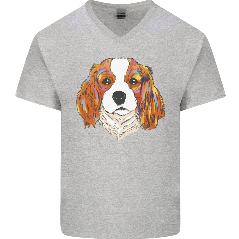A Colourful King Charles Spaniel Dog Mens V-Neck Cotton T-Shirt Sports Grey