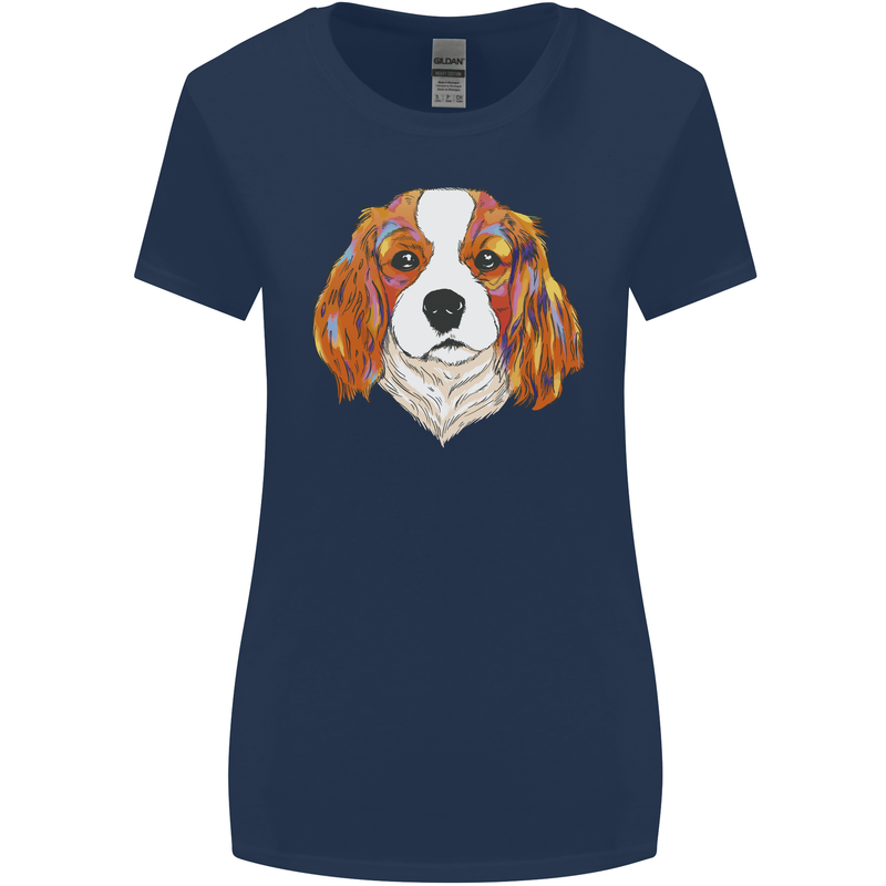 A Colourful King Charles Spaniel Dog Womens Wider Cut T-Shirt Navy Blue
