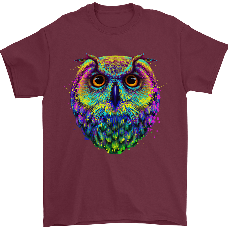 A Colourful Owl Mens T-Shirt 100% Cotton Maroon
