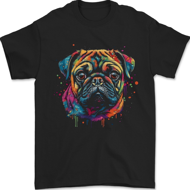 A Colourful Pug Dog Mens T-Shirt 100% Cotton Black