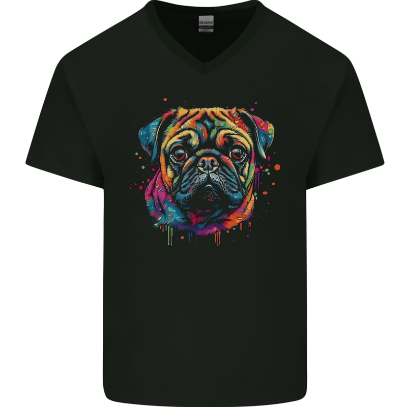 A Colourful Pug Dog Mens V-Neck Cotton T-Shirt Black