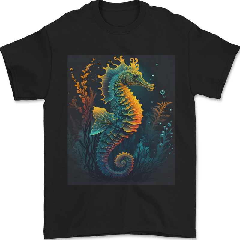 A Colourful Seahorse Mens T-Shirt 100% Cotton Black